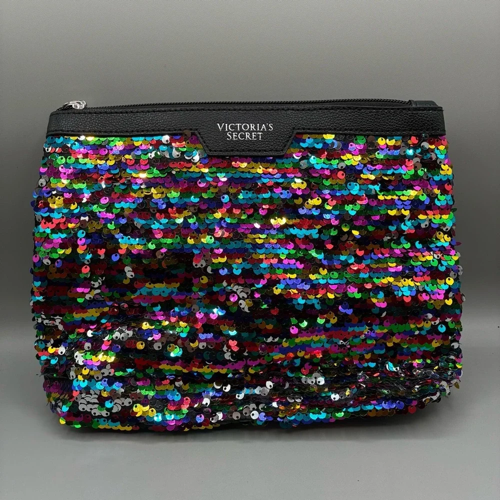 Victoria’s Secret Rainbow Sequin Cosmetic Bag Makeup Travel Pouch 9”x7”